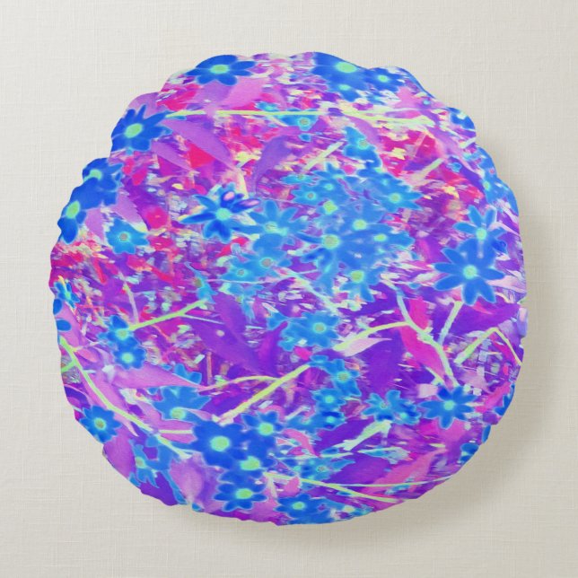 Hübsche Violett-Blau- und Limettengrüne Blume Rundes Kissen (Vorderseite)