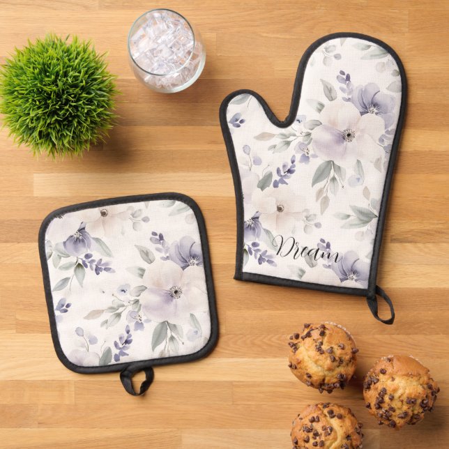 Hübsche violette Blumen   Ofenhandschuh & Topflappen-Set (Oben Unten)