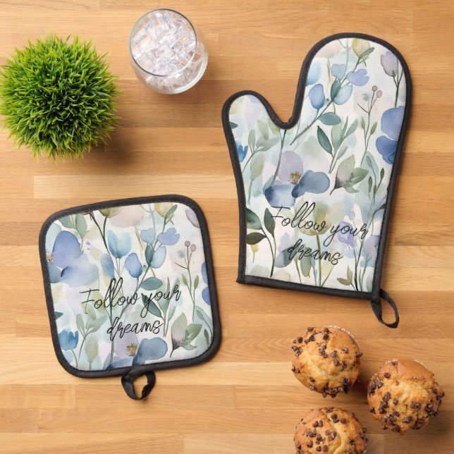Hübsche violette Blumen Ofenhandschuh & Topflappen-Set (Oben Unten)