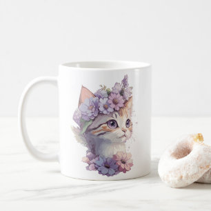 Hübsche violette Wasserfarben-Katze mit Flora Kaffeetasse