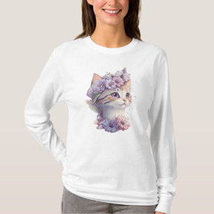 Hübsche violette Wasserfarben-Katze mit Flora T-Shirt
