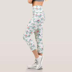 Hübsche Vögel Blätter Vintag Weißes Design Capri Leggings
