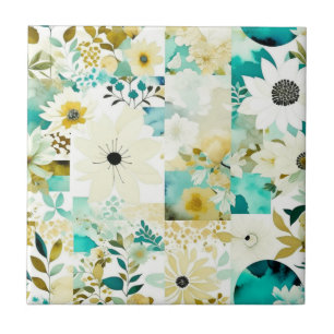 Hübsche Volkskunst Weiße und türkisfarbene Blume Fliese