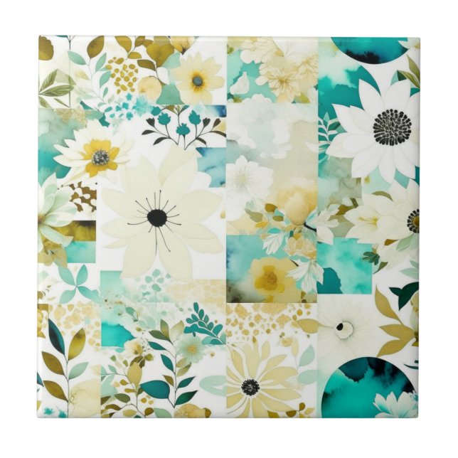 Hübsche Volkskunst Weiße und türkisfarbene Blume Fliese (Vorderseite)