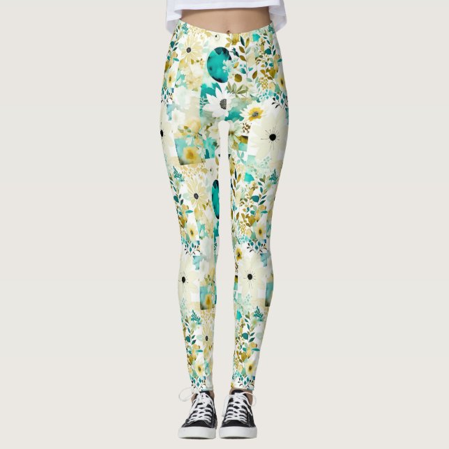 Hübsche Volkskunst Weiße und türkisfarbene Blume Leggings (Vorderseite)