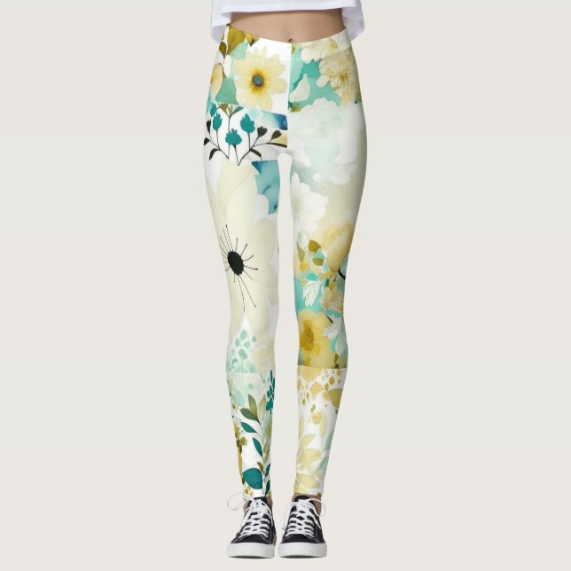 Hübsche Volkskunst Weiße und türkisfarbene Blume Leggings (Vorderseite)