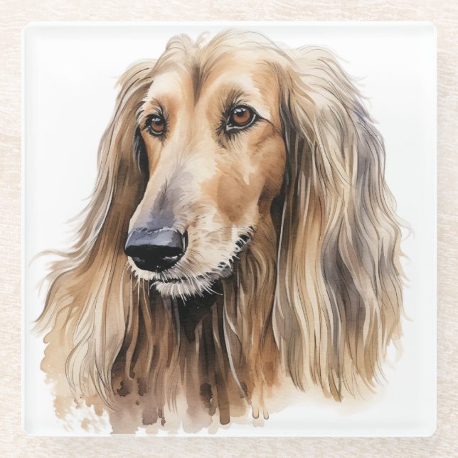 HÜBSCHE WASSERFARBE AFGHAN HUNDE FACE GLASUNTERSETZER (Vorderseite)