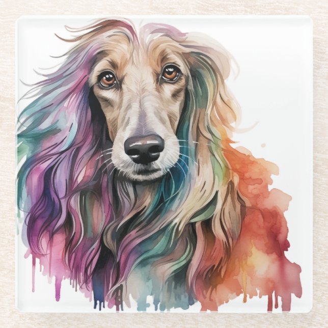 HÜBSCHE WASSERFARBE AFGHAN HUNDE FACE GLASUNTERSETZER (Vorderseite)