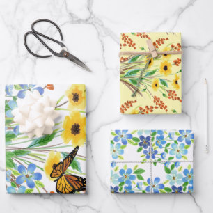 Hübsche Wasserfarbe Blaue und Gelbe Blumen Geschenkpapier Set