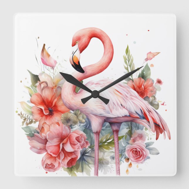 HÜBSCHE WASSERFARBE FLAMINGO MIT BLUME QUADRATISCHE WANDUHR (Vorderseite)