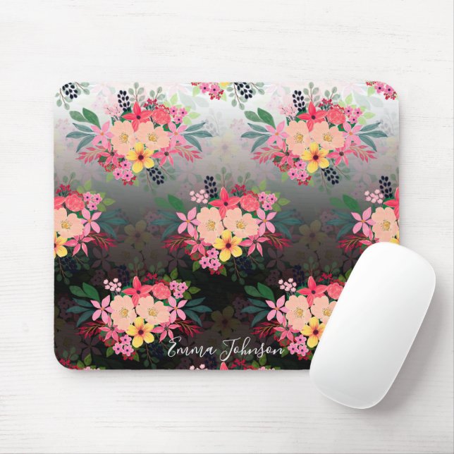 Hübsche Wasserfarbe Floral Schwarz-weiß Ombre Desi Mousepad (Mit Mouse)