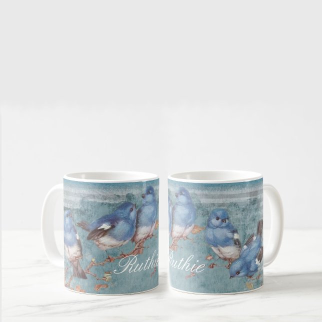 Hübsche Wasserfarbe Kleine blaue Vögel Personalisi Kaffeetasse (Von Creator hochgeladen)