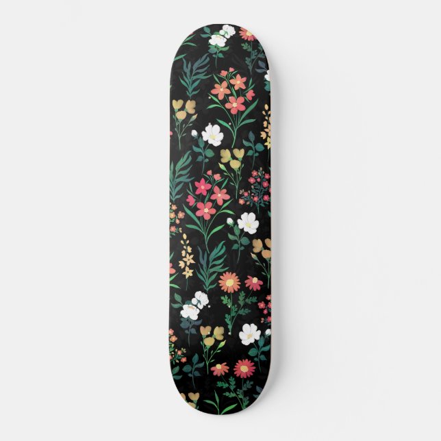 Hübsche Wasserfarbe Schwarz Botanisch Skateboard (Vorderseite)
