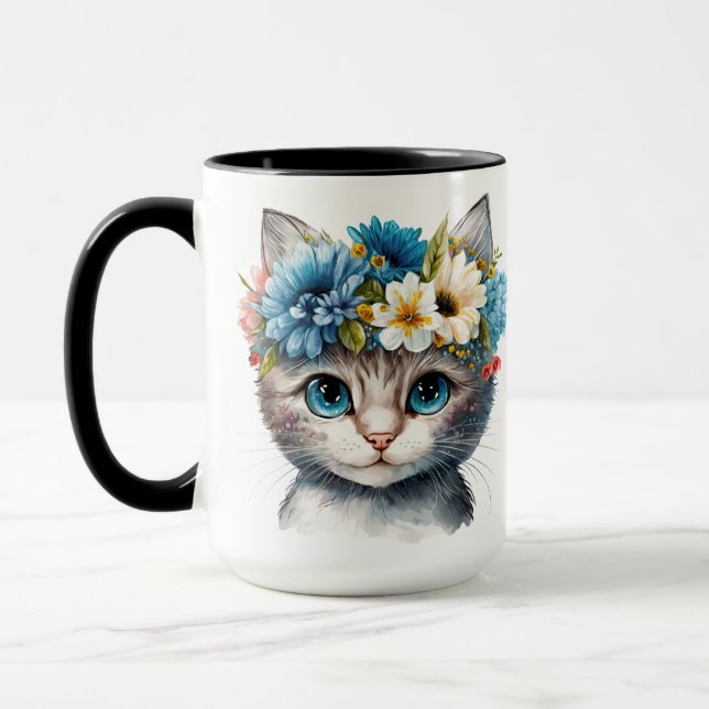 HÜBSCHE WASSERFARBE, WEISSE KATZE MIT BLUME TASSE (Links)