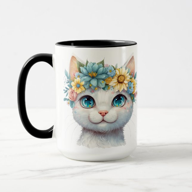 HÜBSCHE WASSERFARBE, WEISSE KATZE MIT BLUME TASSE (Links)