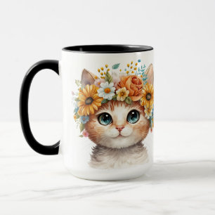 HÜBSCHE WASSERFARBE, WEISSE KATZE MIT BLUME TASSE