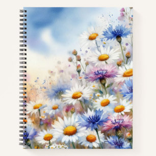 HÜBSCHE WASSERFARBE WEISSE UND BLAUE WILDBLUMEN NOTIZBUCH
