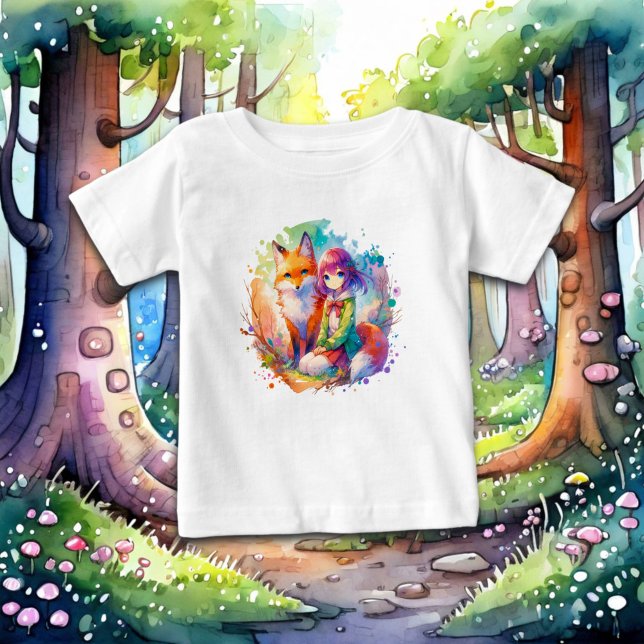 Hübsche Wasserfarben-Anime-Girl und Fox Baby T-shirt (Von Creator hochgeladen)