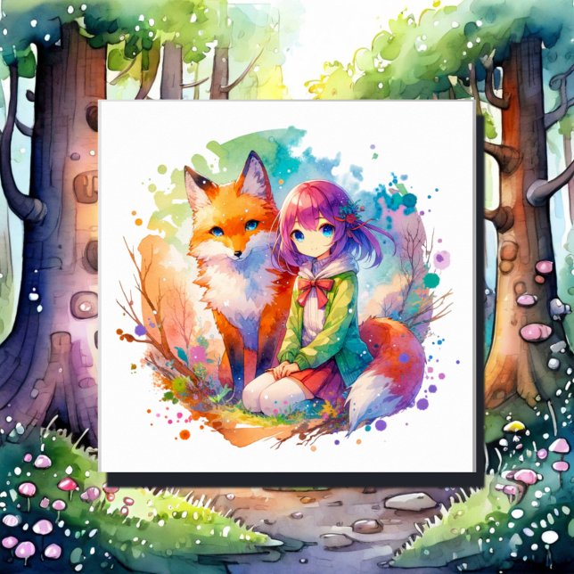 Hübsche Wasserfarben-Anime-Girl und Fox Leinwanddruck (Von Creator hochgeladen)