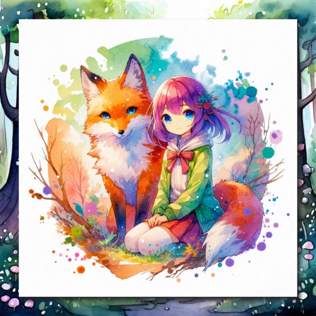 Hübsche Wasserfarben-Anime-Girl und Fox Poster (Von Creator hochgeladen)