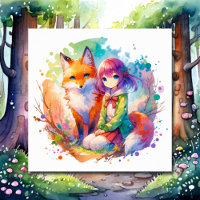 Hübsche Wasserfarben-Anime-Girl und Fox