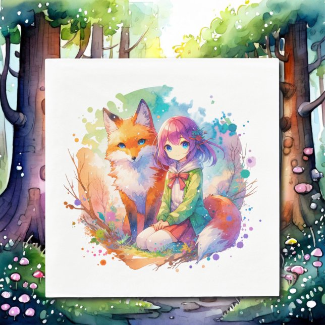 Hübsche Wasserfarben-Anime-Girl und Fox zum Geburt Serviette (Von Creator hochgeladen)