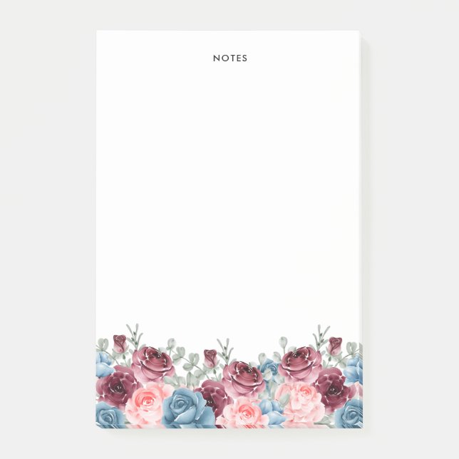 Hübsche Wasserfarben Burgund und Blauer Blumen Post-it Klebezettel (Vorderseite)