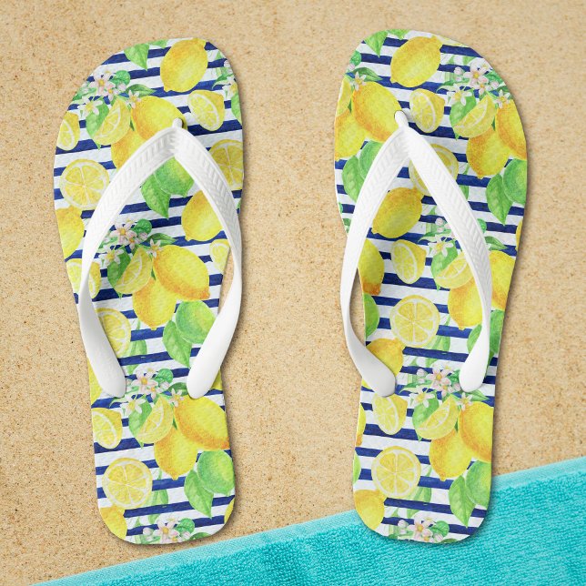 Hübsche Wasserfarben Lemons auf Blue Stripes Summe Flip Flops (Von Creator hochgeladen)