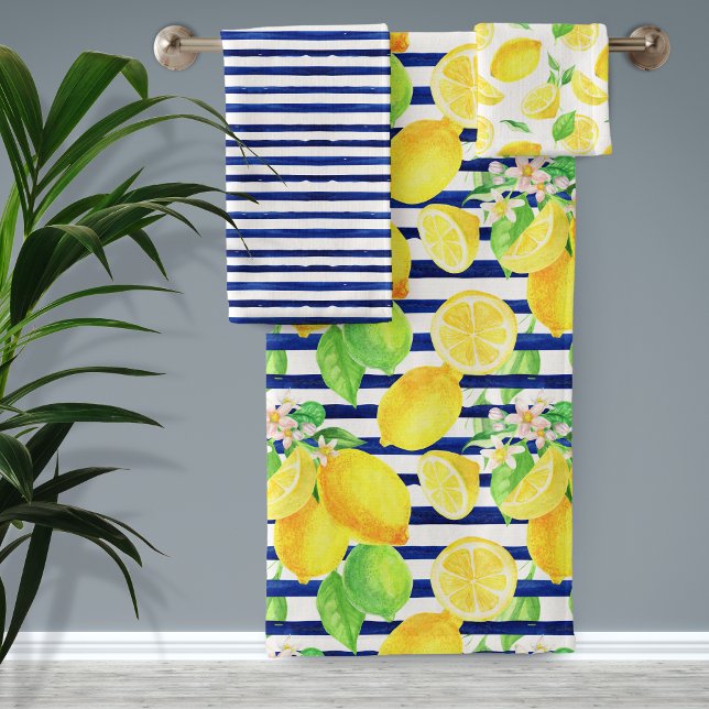 Hübsche Wasserfarben Lemons und blaue Streifen Bad Badhandtuch Set (Von Creator hochgeladen)