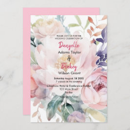Hübsche Wasserfarben Rosa Lila Blumenhochzeit Einladung