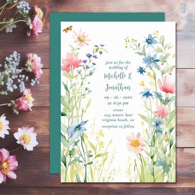 Hübsche Wasserfarben Wildblumen Hochzeit im Garten Einladung (Pretty Watercolor Wildflowers Wedding Invitation)