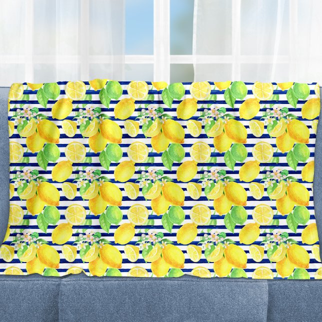 Hübsche Wasserfarben-Zitronen auf blauen Streifen Fleecedecke (Von Creator hochgeladen)