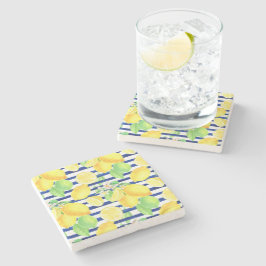 Hübsche Wasserfarben-Zitronen auf blauen Streifen Steinuntersetzer