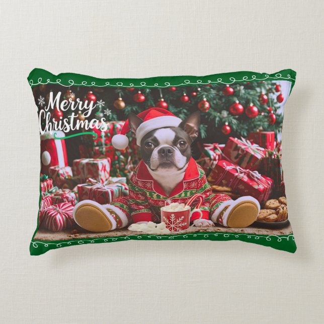 Hübsche Weihnachten in Boston Terrier in Pajamas Dekokissen (Vorderseite)