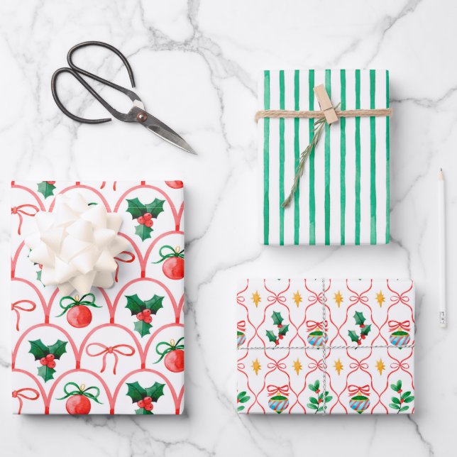 Hübsche Weihnachts-Wasserfarben-Ornamente & Stechp Geschenkpapier Set (Vorderseite)
