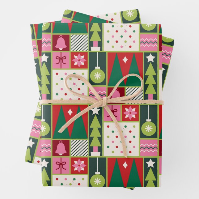 Hübsche Weihnachtsbäume und Ornamente Geschenkpapier Set (Beispiel)