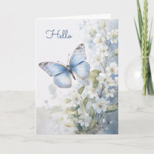 Hübsche weiße Blume und blauer Schmetterling Hallo Karte