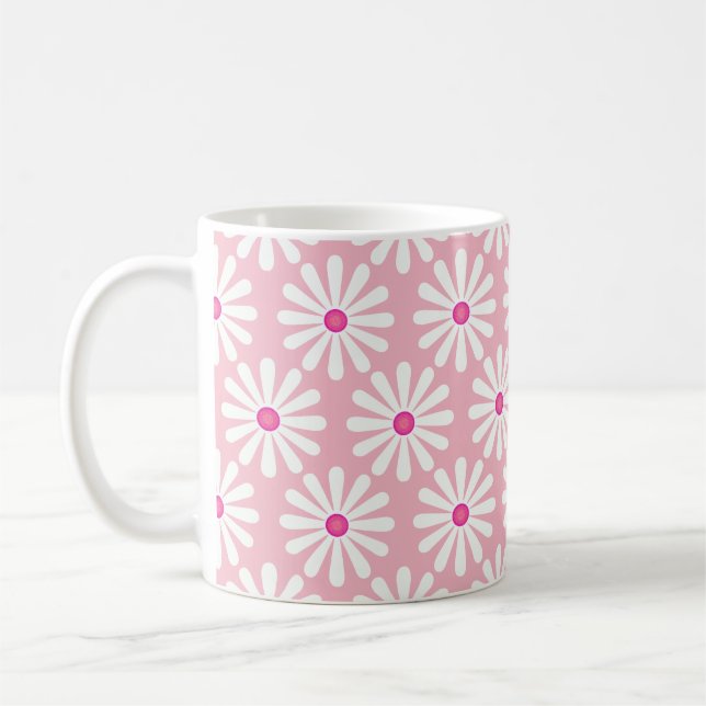 Hübsche, weiße Gänse mit rosa Mittelpunkten auf ro Kaffeetasse (Links)