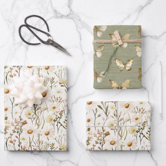 Hübsche weiße Gänseblümchen-Blumen grüner Geburtst Geschenkpapier Set (Vorderseite)