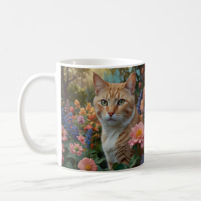 Hübsche weiße orange Katze im Blumen Garten Kaffeetasse (Links)