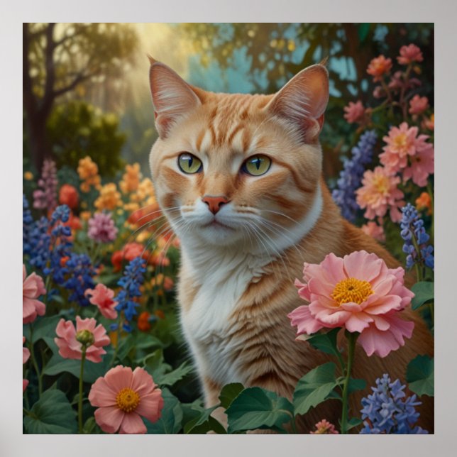 Hübsche weiße orange Katze im Blumen Garten Poster (Vorne)