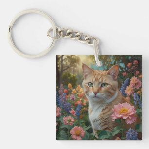 Hübsche weiße orange Katze im Blumen Garten Schlüsselanhänger