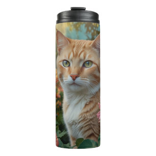Hübsche weiße orange Katze im Blumen Garten Thermosbecher