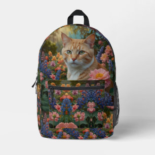 Hübsche weiße orange Katze im Blumengarten Bedruckter Rucksack