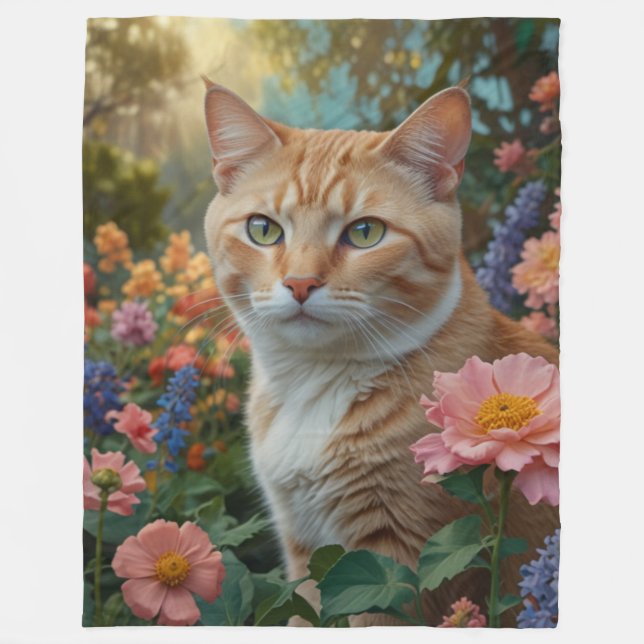 Hübsche weiße orange Katze im Blumengarten Fleecedecke (Vorderseite)