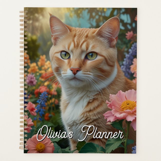 Hübsche weiße orange Katze im Blumengarten Planer (Vorderseite)