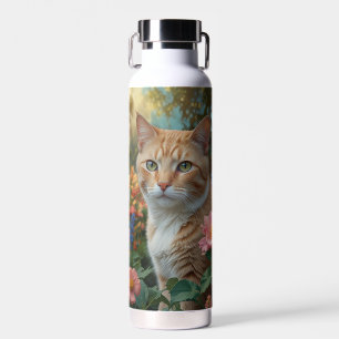 Hübsche weiße orange Katze im Blumengarten Trinkflasche