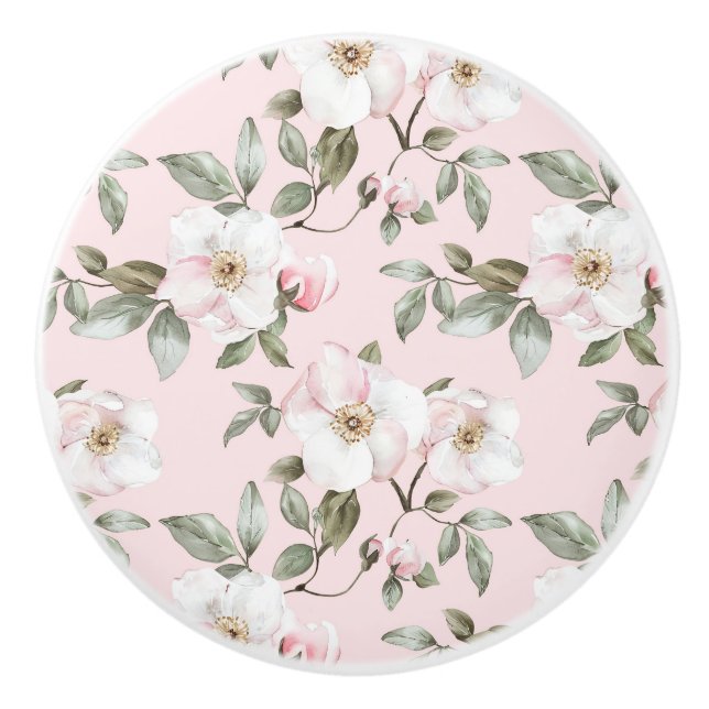 Hübsche weiße rosa Blüten Keramikknauf (Vorderseite)