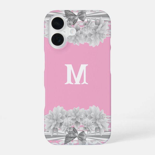 Hübsche weiße Spitzenmonogramm iPhone 16 Hülle (Rückseite)