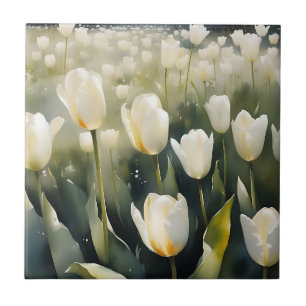 Hübsche weiße Tulpen Garten Aquarellmalerei Fliese